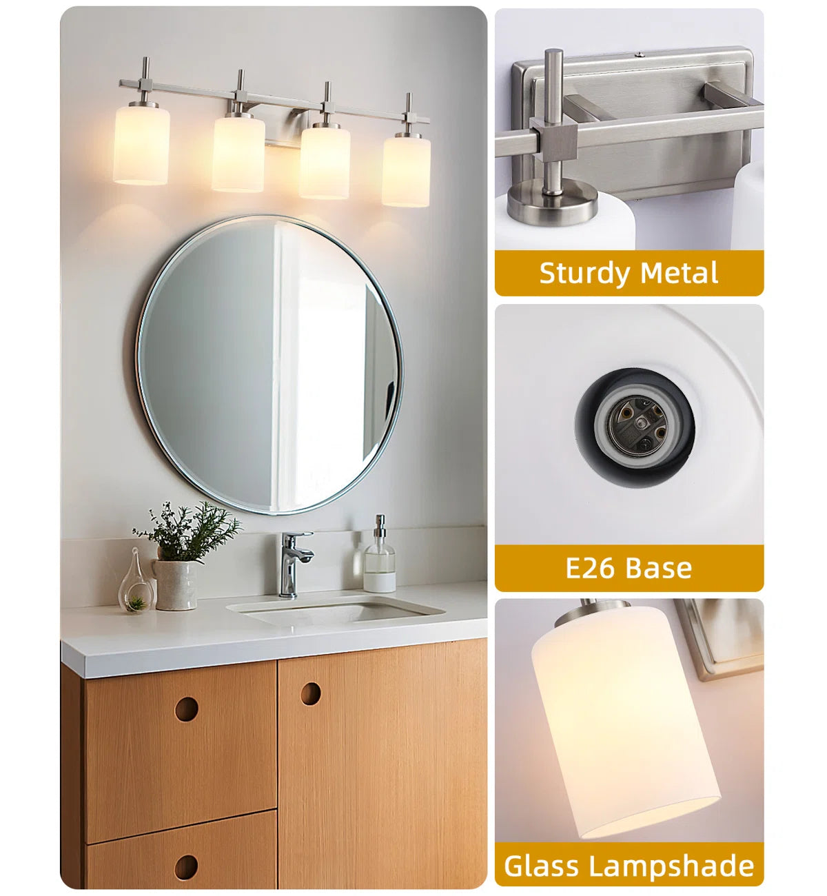 Jasper Brushed Nickel Frosted Glass 4-Light Bathroom Vanity Light