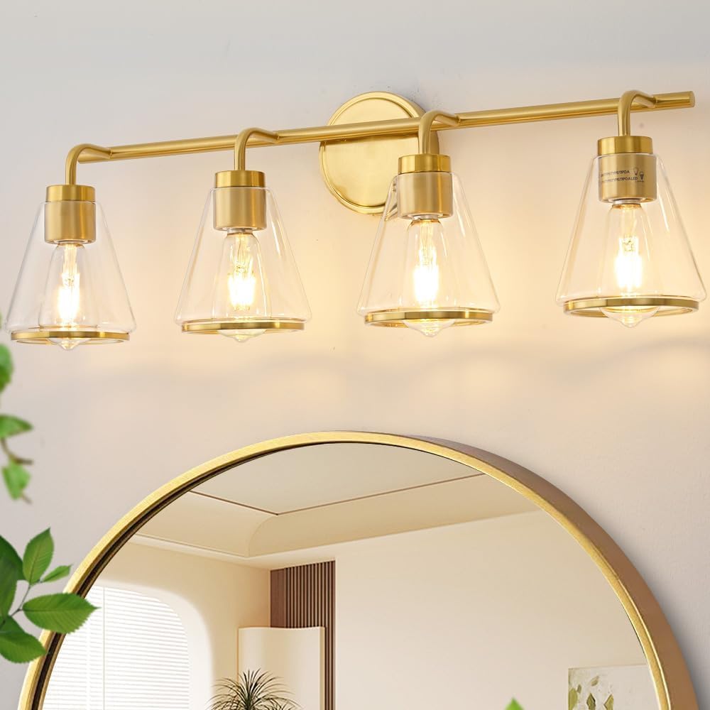 4-Light Gold Bathroom Vanity Light with Clear Glass – Modern Wall Light Fixture