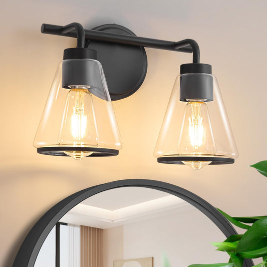 2-Light Matte Black Bathroom Vanity Light with Clear Glass – Modern Wall Light Fixture