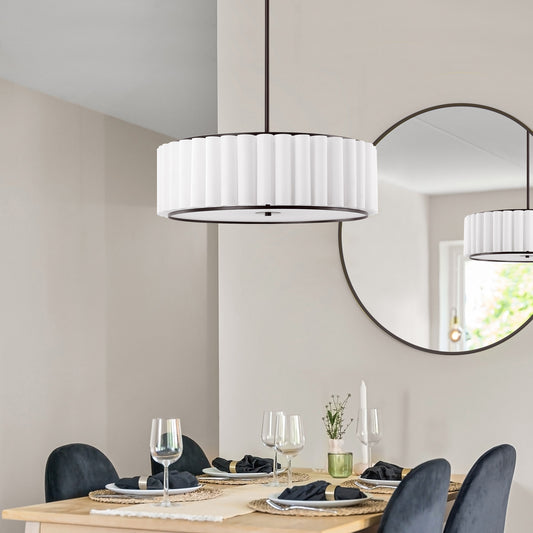 24" Drum Chandelier 5-Light – Bronze Ceiling Light with White Linen Shade