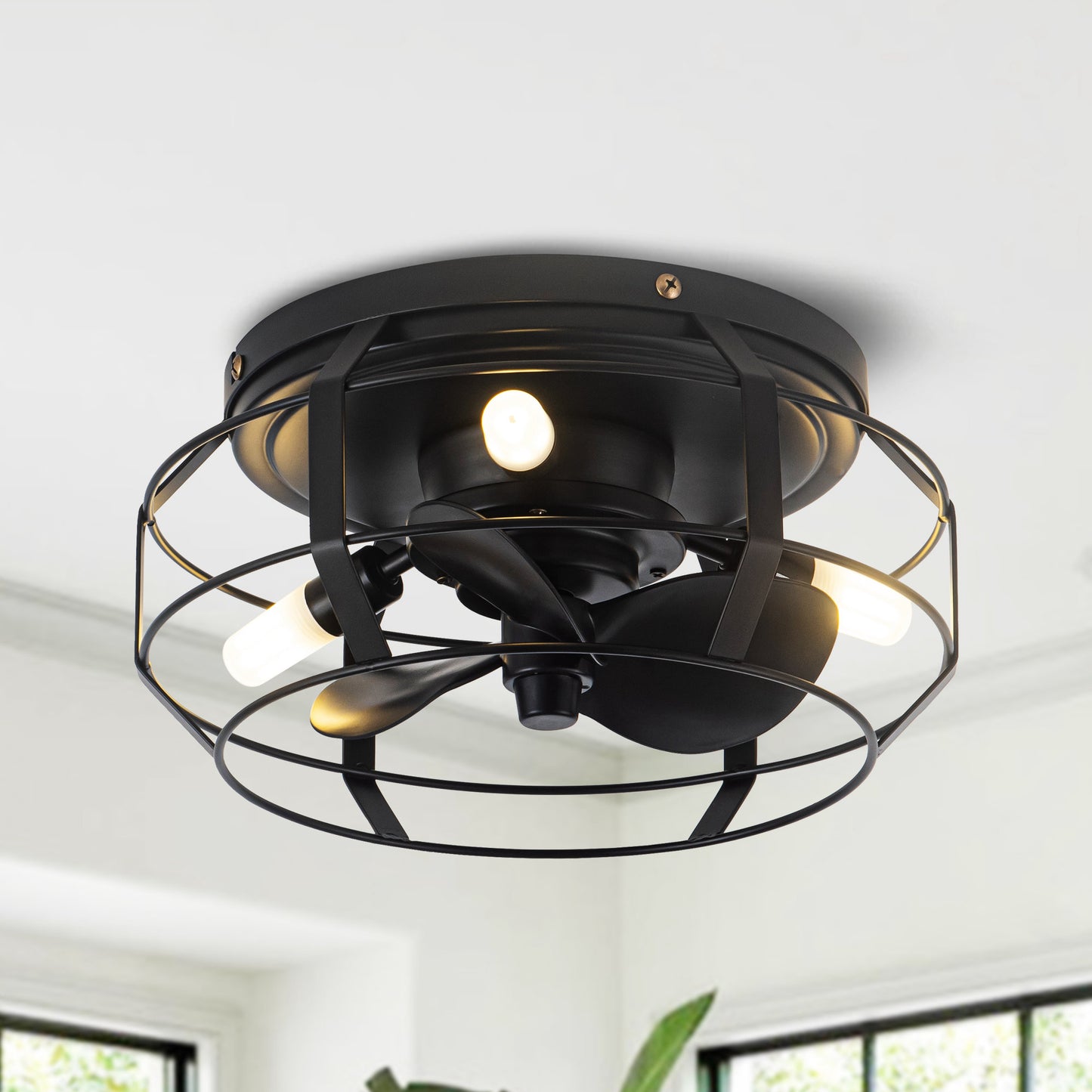 12" Low Profile 3-Blade Black Cage Ceiling Fan with Light & Remote | Flush Mount Modern Farmhouse Indoor Fan