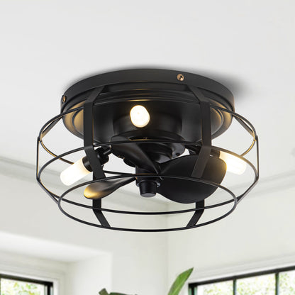12" Low Profile 3-Blade Black Cage Ceiling Fan with Light & Remote | Flush Mount Modern Farmhouse Indoor Fan