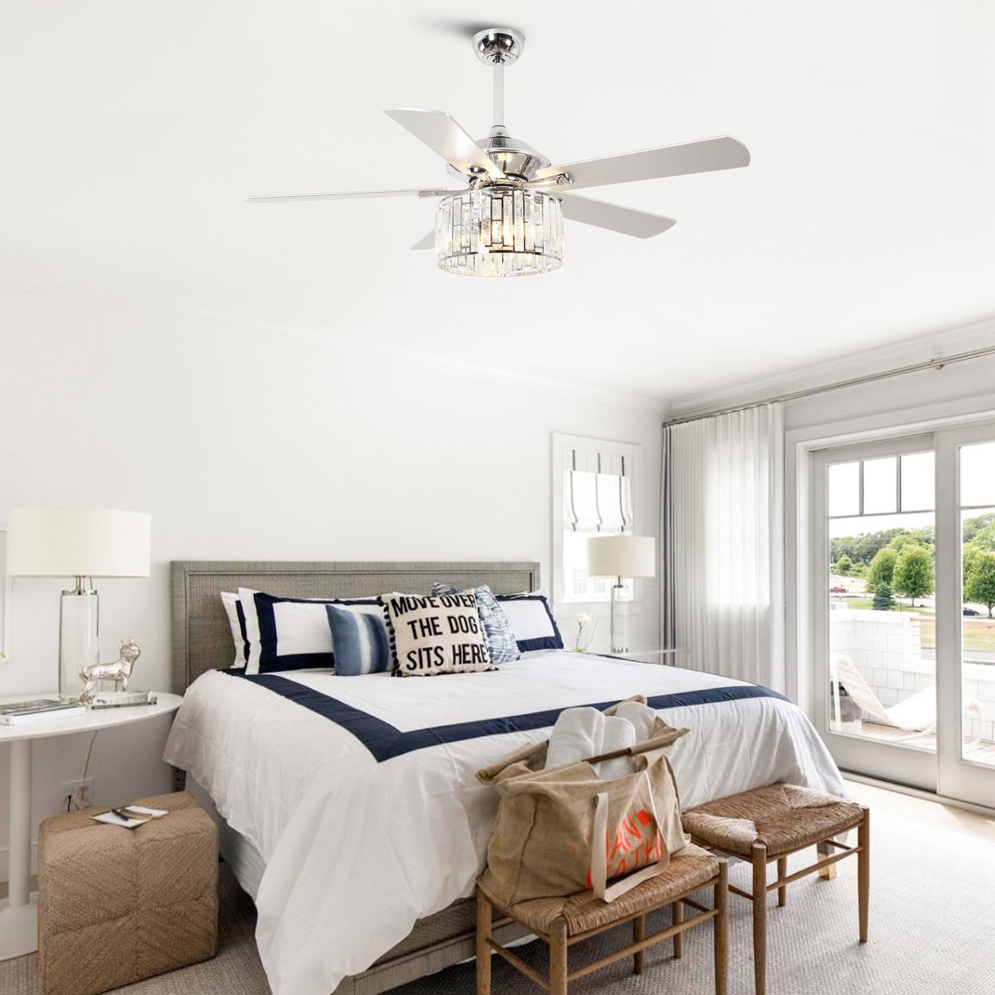 52" Crystal Ceiling Fan with Light & Remote – Chrome 5-Blade, DC Motor, Large Room