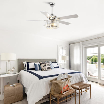 52" Crystal Ceiling Fan with Light & Remote – Chrome 5-Blade, DC Motor, Large Room