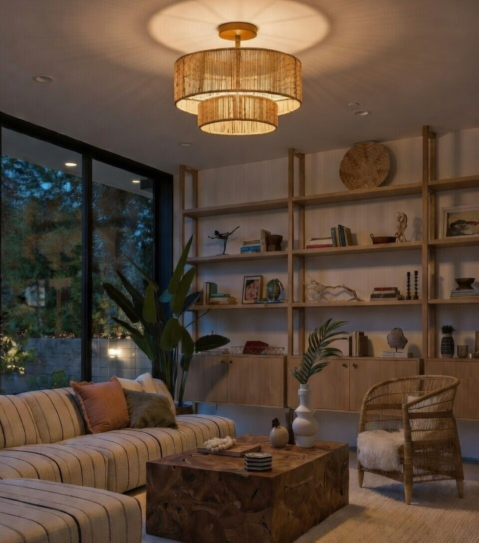 3-Light Coastal Jute Semi-Flush Mount Ceiling Light