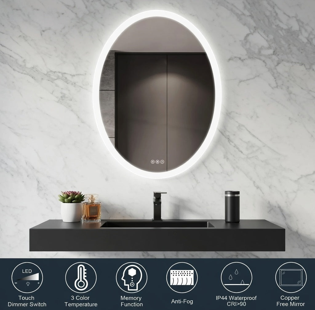 LuminaMirror Oval Frameless LED Anti-Fog Dimmable Bathroom Vanity Mirror