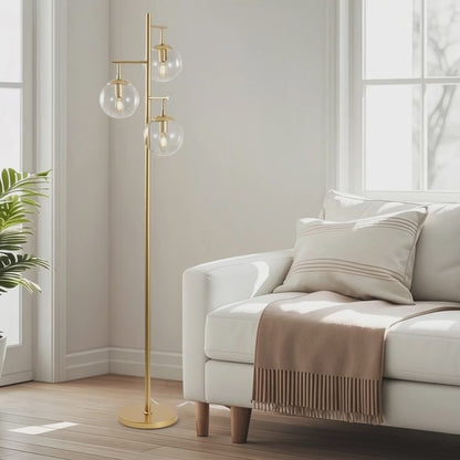 69" Brass Floor Lamp 3-Light – Modern Globe Standing Lamp with Clear Glass Shades